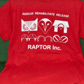 Adult Red T-shirt with White 3 Bird Logo and Raptor Inc. text